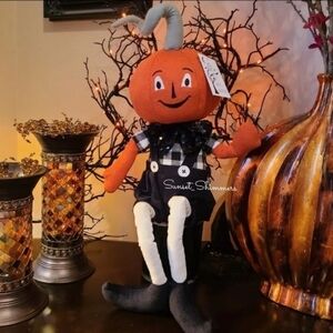 Halloween Primitive Vintage Jack Pumpkin Head Gingham Check Doll Shelf Sitter